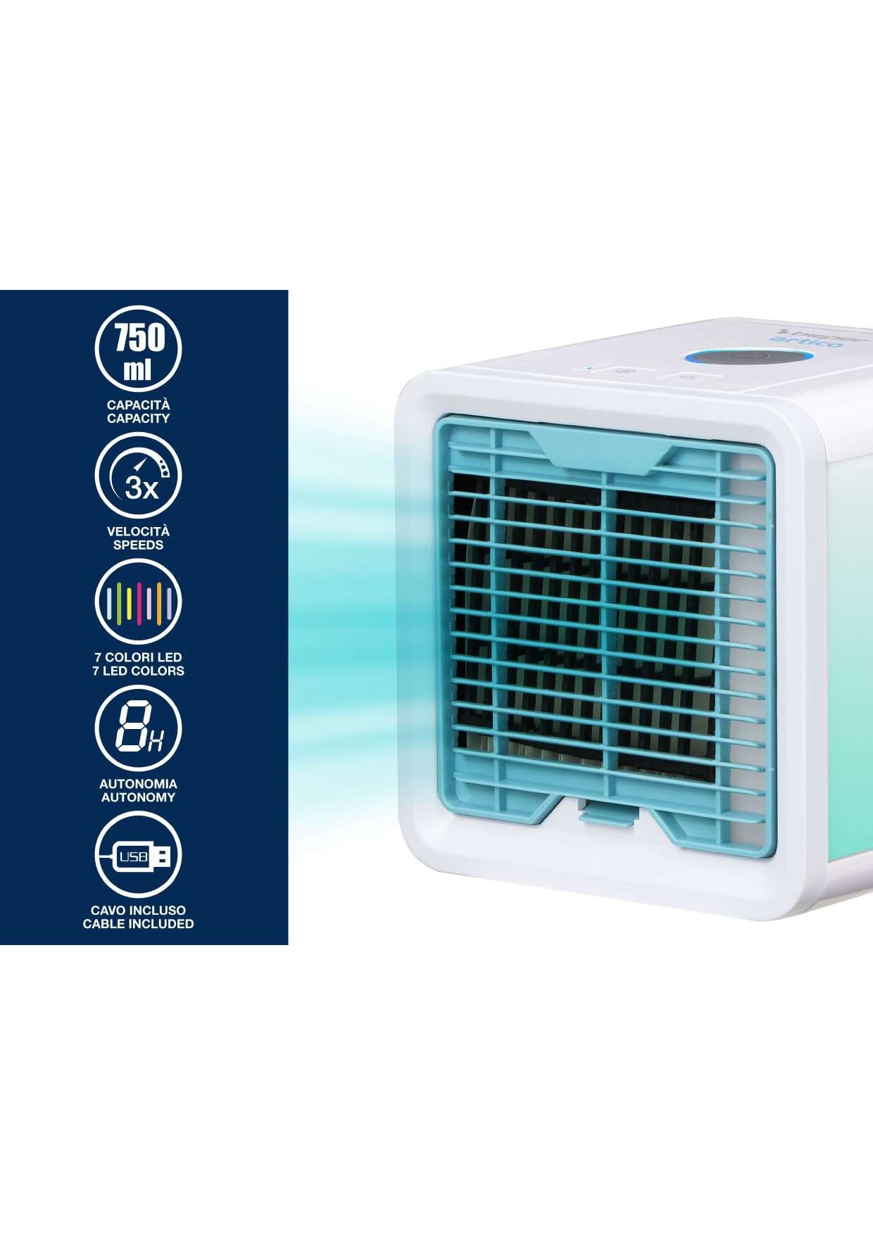 Beper P206RAF200 Mini Raffrescatore Da Tavolo, Umidificatore, Climatizzatore Personale Portatile, Cavo USB, 3 Velocità, 7 Luci Led Cromoterapia, Mini Air Cooler