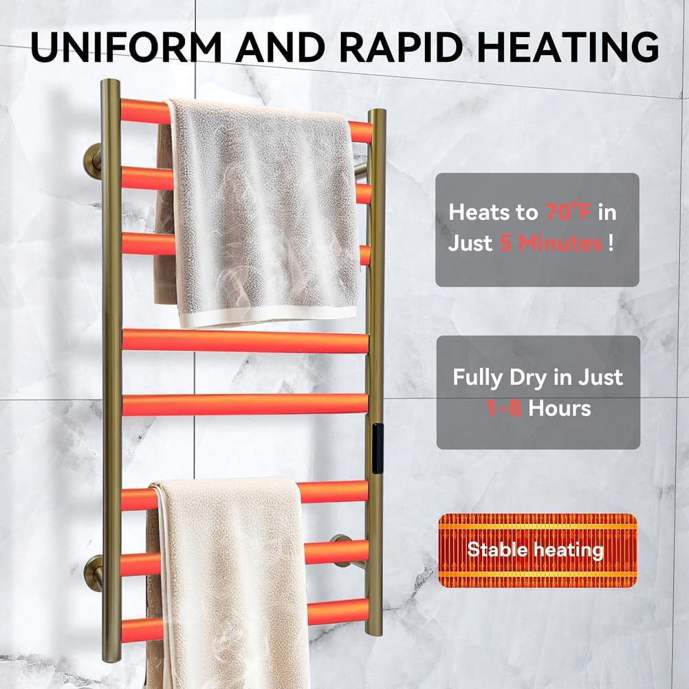 Towel Warmer Rack, Brushed Heated Towel Rack for Bathroom, Wall Mounted Electric Towel Dryer Rack with Temperature Control and 1-8 Timer, Plug-in/Hardwired