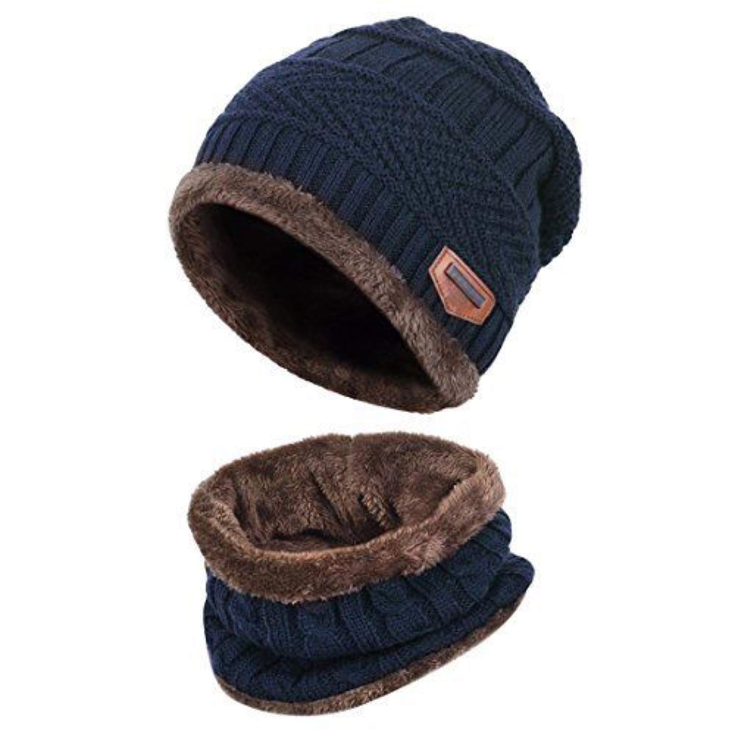 World of Shawls Unisex Men Women Knitted Fleece Beanie Hat and Loop Circle Scarf Snood Set Warm Soft and Comfortable (Navy)