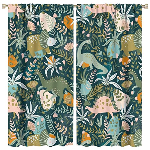 INSFBRB Funny Cartoon Animal Dinosaur Blackout Curtains for Bedroom - Cute Dinosaur and Green Leaves Colorful Flowers Window Drapes,Rod Pocket Room Darkening Curtains 2 Panels 84L x 42W