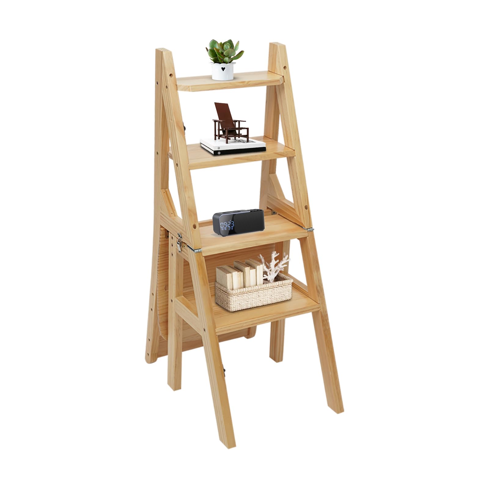 Escalera plegable de 4 peldaños de madera de pino, taburete plegable multifuncional, capacidad de carga 100 kg, escalera de biblioteca, escalera para interior y exterior, color madera