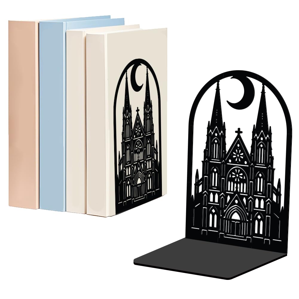 WADORN 1 Pair Gothic Church Metal Decorative Bookend for Shelves, Heavy Duty Book Ends Modern Non-Skid Books Holder Stand Book Support Stoppers for Home Office Desk Bookshelf, 5.3x4.3x7.8 Inch