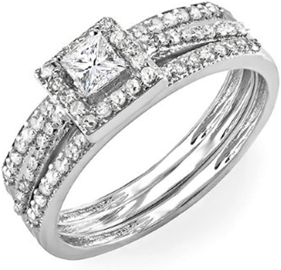 Dazzlingrock Collection 0.62 Ctw Round & Princess Natural Diamond Bridal Halo Ring Engagement Matching Band Set, 14K White Real Solid Gold