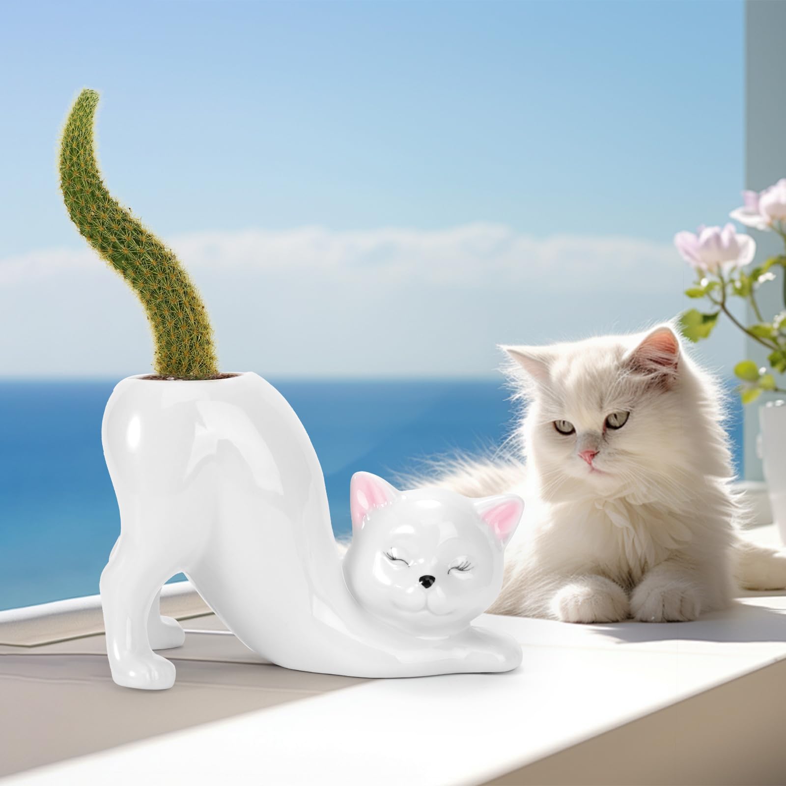 TOIVO Unique Cat Planter Pot?Indoor and Outdoor Plant Displays?Funny Ceramics Cat Flower Pot?Cat Gifts for Cat Lovers?Lovely Office Desk Room Home Decor (White, Small)