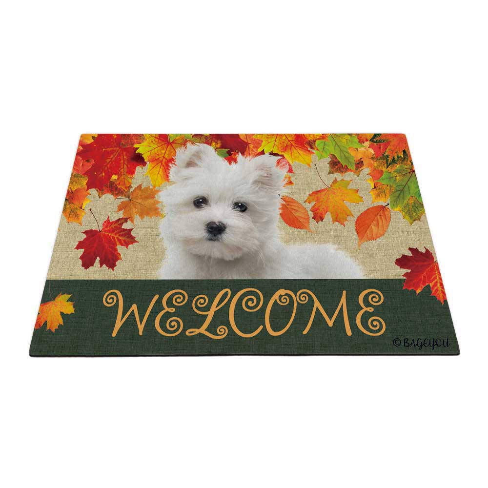 BAGEYOU Welcome Fall with My Favorite Dog Maltese Outdoor Doormat Maple Leaf Harvest Season Rustic Decor Porch Rugs Floor Mat 35.4" x 23.6"