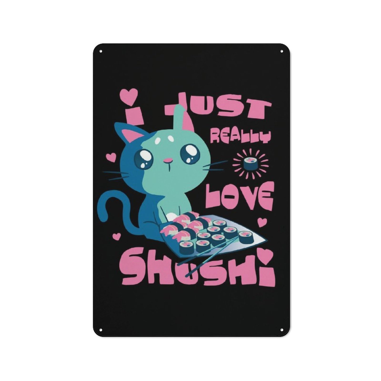 Junmoney Sushi Cat Warehouse Style Metal Wall Decor 30X20cm, Tin Wall Sign For Modern Home, Workshop, Office Or Cafe