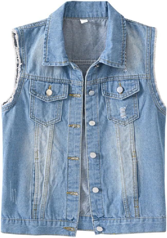 Women’s Casual Denim Waistcoat Slim Fit Frayed Sleeveless Jacket Ripped Tops with Pockets