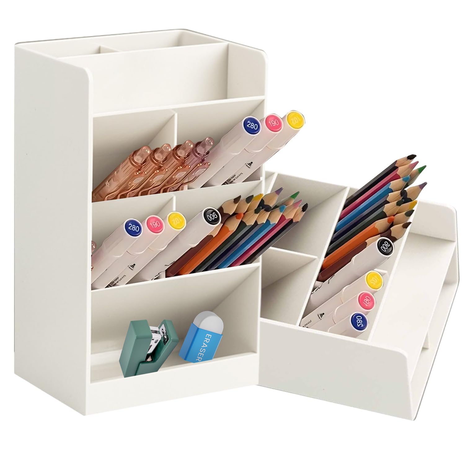 Desk Organizer, Vertical Pen Organizer, Plastic Desk Organizer Pen Holder Stationery, Multifunctional Marker Pencil Storage Caddy Tray for Office, School, Home (Beige)
