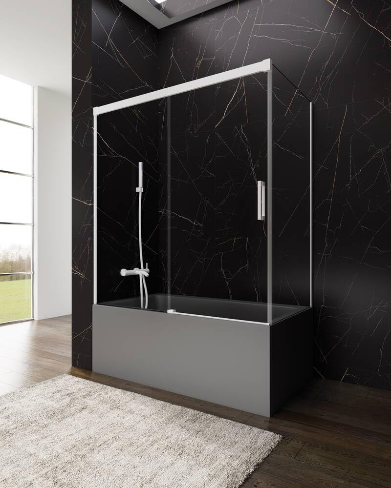 GME - Mampara Ducha Frontal Bañera 145cm 1 Fija + 1 Corredera + 70cm Panel Lateral Fijo Blanco | Mampara de Cristal Reversible y Serigrafiado 6mm con Ancho Adaptable y 150cm de Altura