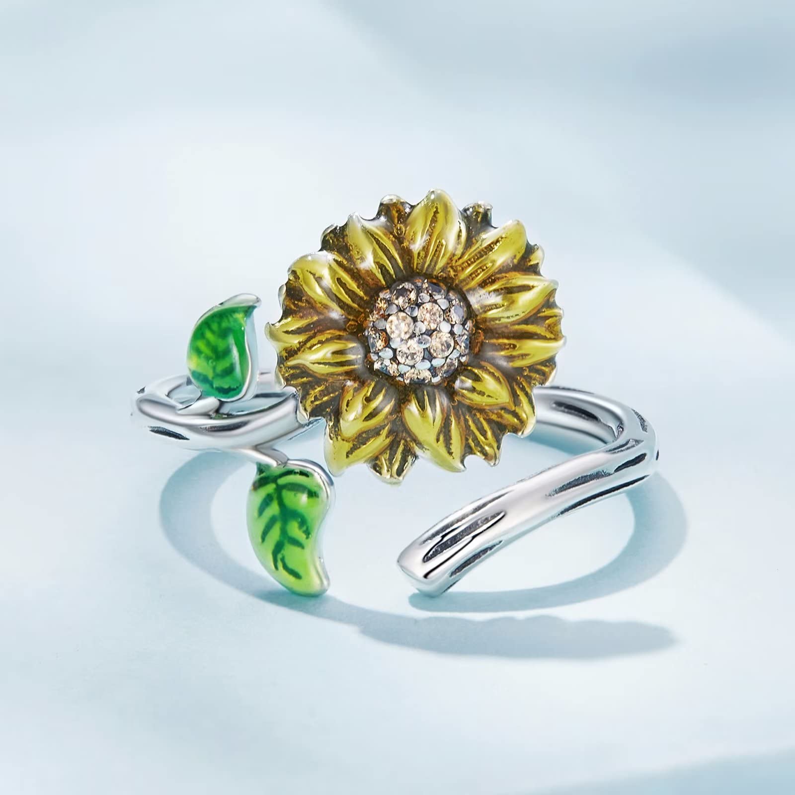 Qings Anillo Girasol Ajustable para Mujer, Plata de Ley 925 Flores Abierto Anillos Regalos de Cumpleaños para Niñas Adolescentes