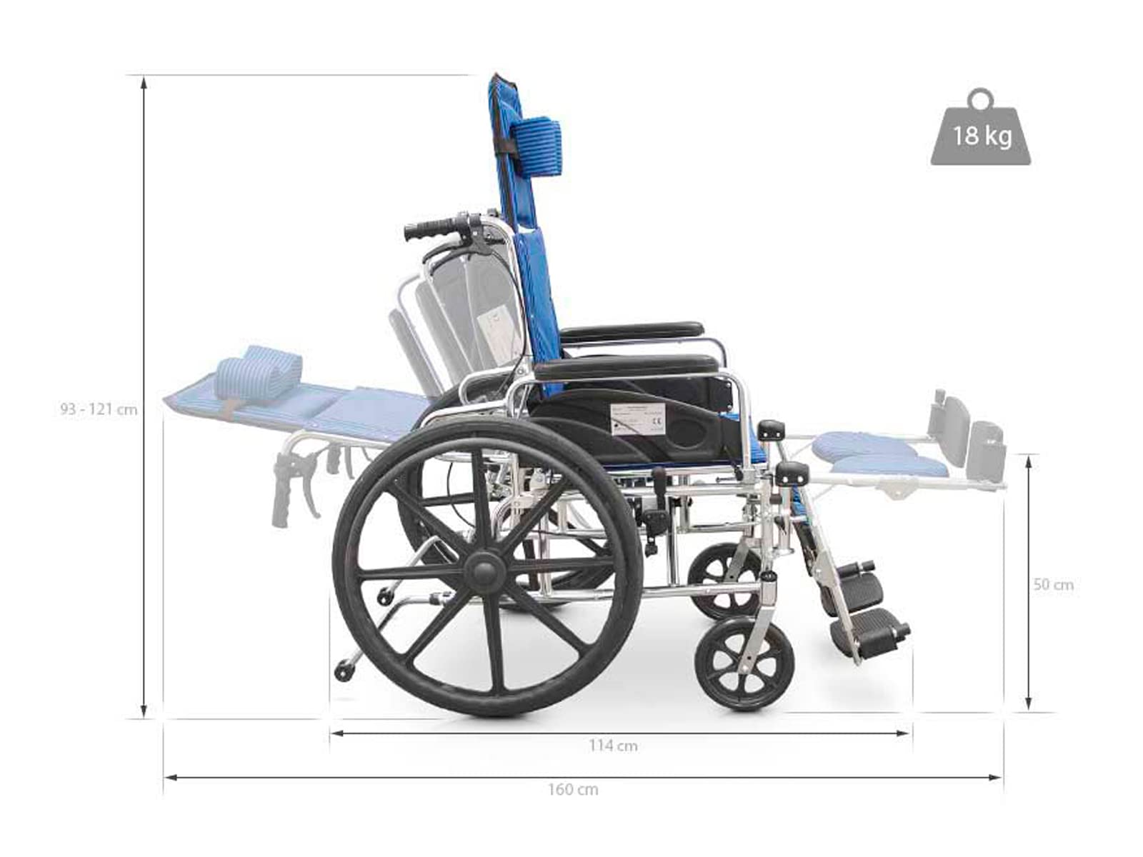 QUIRUMED Silla de ruedas de aluminio con reposacabezas y reposapiés elevable, Plegable, Ligera, Para minusválidos, Para personas mayores, Color azul, Cabezal extraíble, Antivuelco