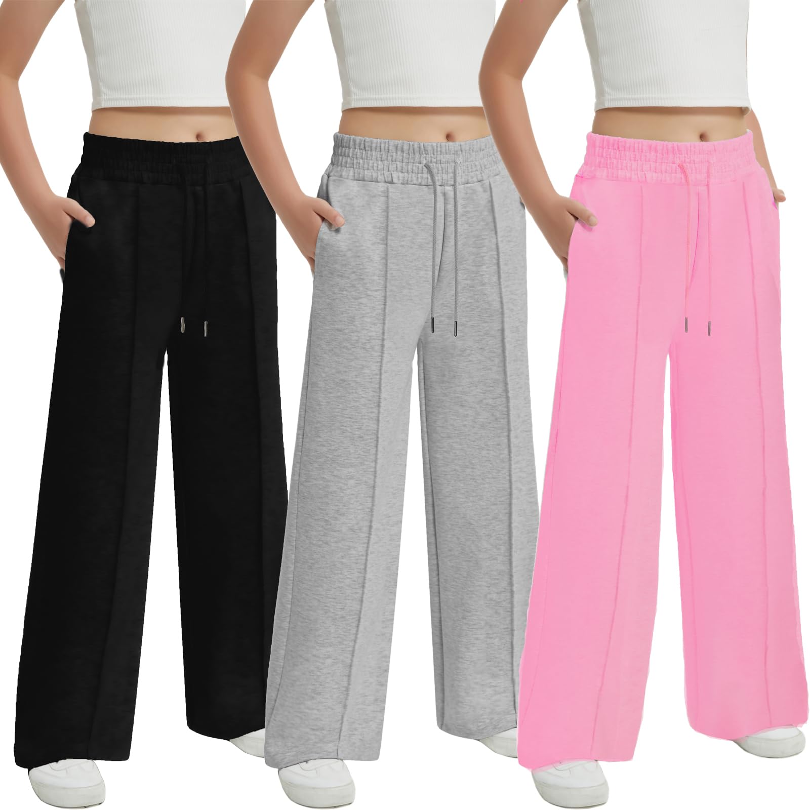 EXARUS Mädchen-Jogginghose mit Vordernaht, Kordelzug, hohe Taille, weites Bein, weite Beine, weite Passform, für Kinder, hohe Taille, 6–14 Jahre