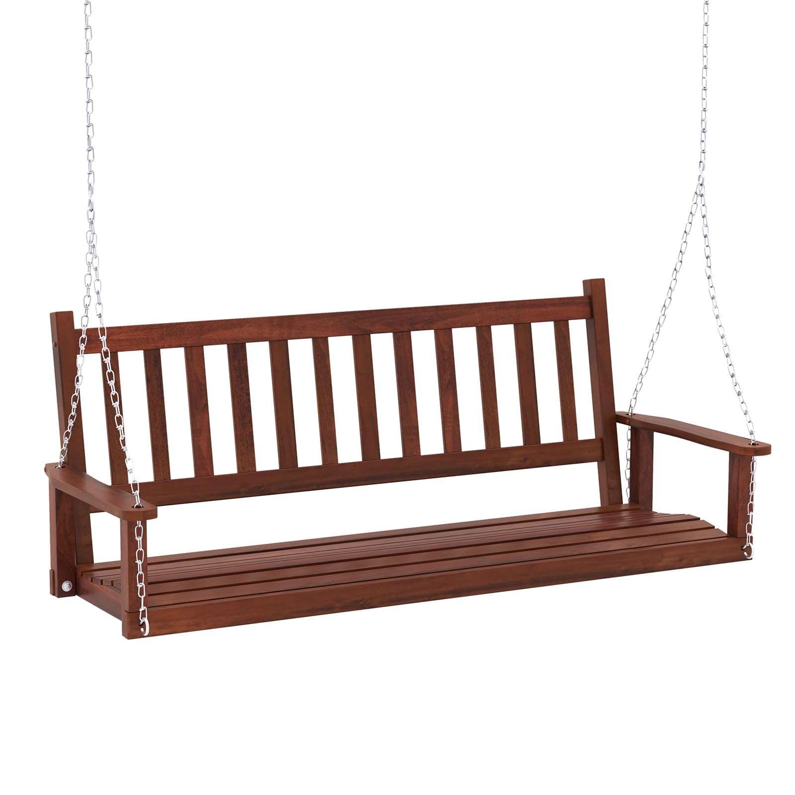 GIANTEX Hängeschaukel aus Holz, für 2/3 Personen, mit verstellbaren und robusten verzinkten Metallketten, mit Rückenlehne aus Latten und Sitz für Terrasse, Garten (168 x 65 x 63 cm, Braun)
