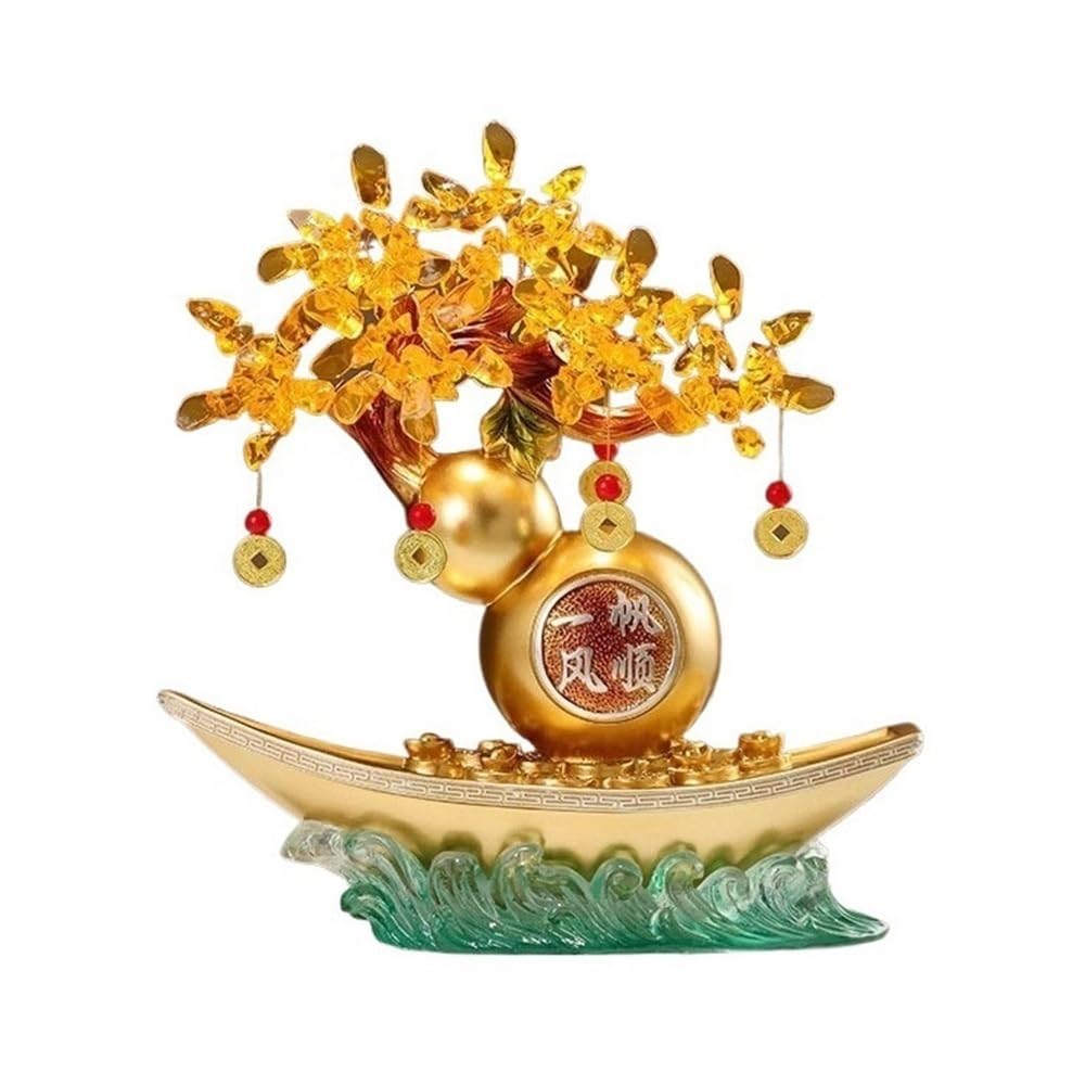 Fortune Crystal Trees Crystal Money Tree with Base, Wealth Fortune Luck Smooth Sailing Ornament(Gold)
