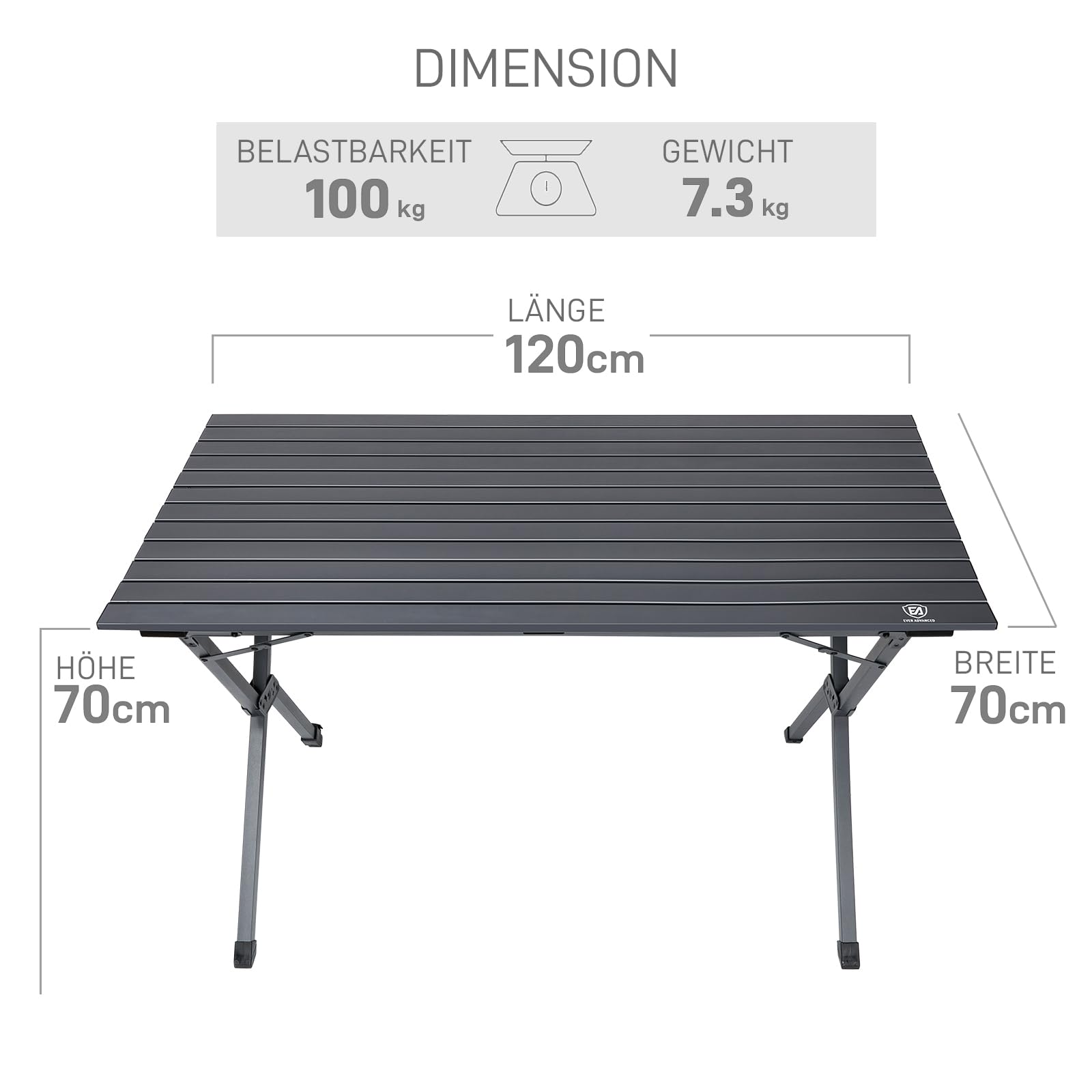 EVER ADVANCED Campingtisch Klappbar Aluminium 120X70CM Klapptisch 100KG Belastbar Aufrollbarer Tischplatte für 4-6 Personen, Falttisch mit Tragetasche für Camping Picknick Garten Balkon, Dunkelgrau