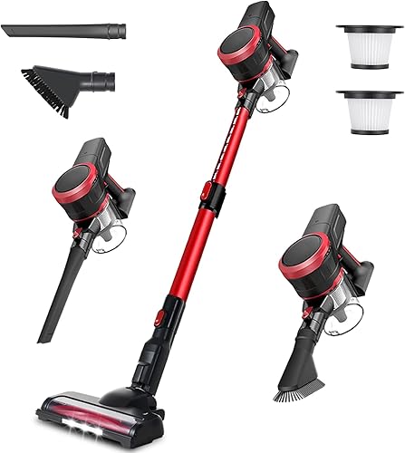 6-in-1 Cordless Vacuum Cleaner, Stick Vacuum Cordless Lightweight Rechargeable for Pet Hair Carpet Hard Wood Floor with 23Kpa Powerful Suction, Led