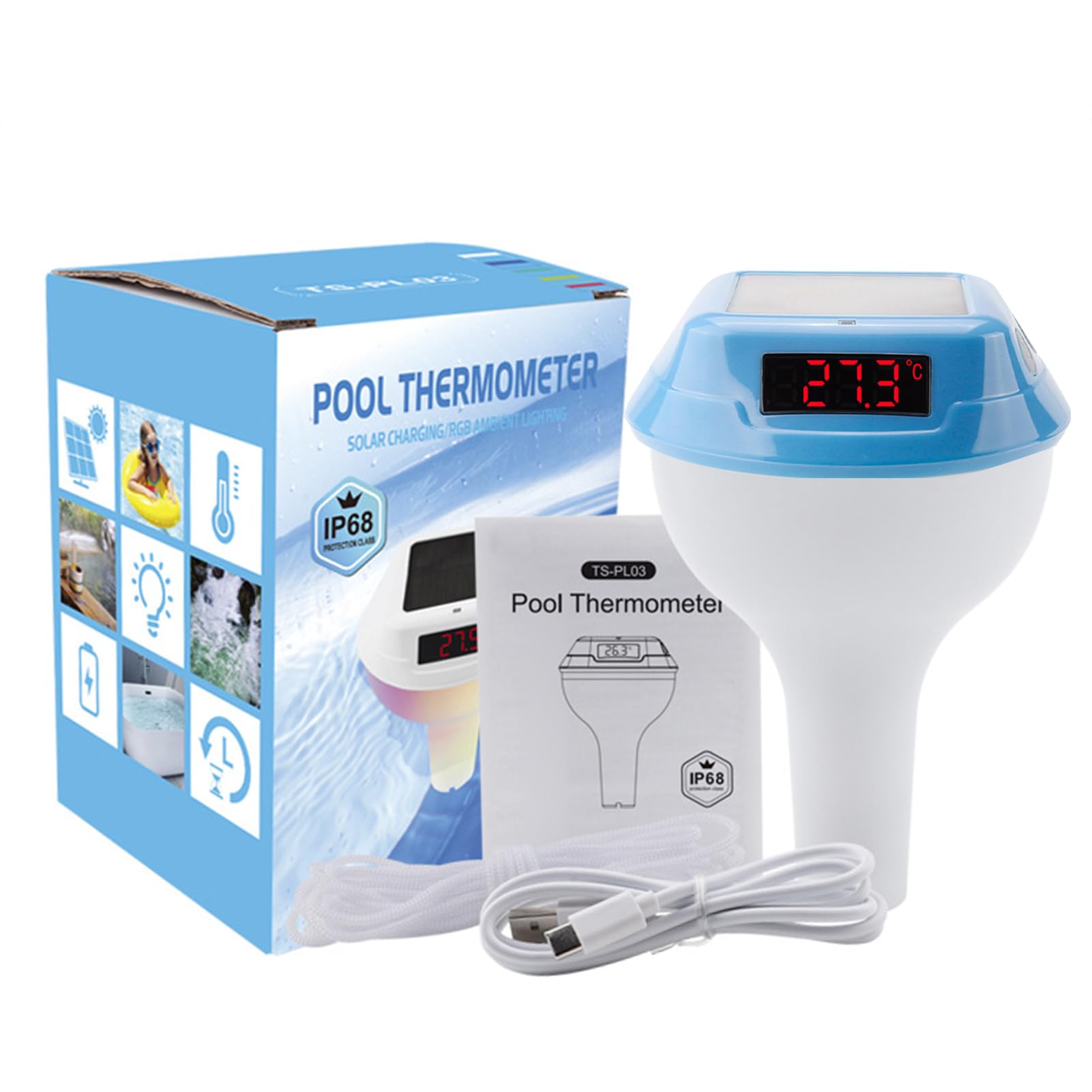 Walmeck Termometro Piscina Doppia Ricarica del Cavo Solare Display Display Blocco Bambino IP68 Waterproof [Swimming Pool Spa] (Cielo blu)