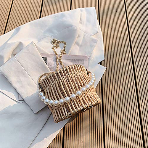 Aktudy Women's Summer Bohemian Rustic Beach Rattan Straw Bag with Pearl Handle and Drawstring Closure, Color23, Size 16*16*14cm - Image 8