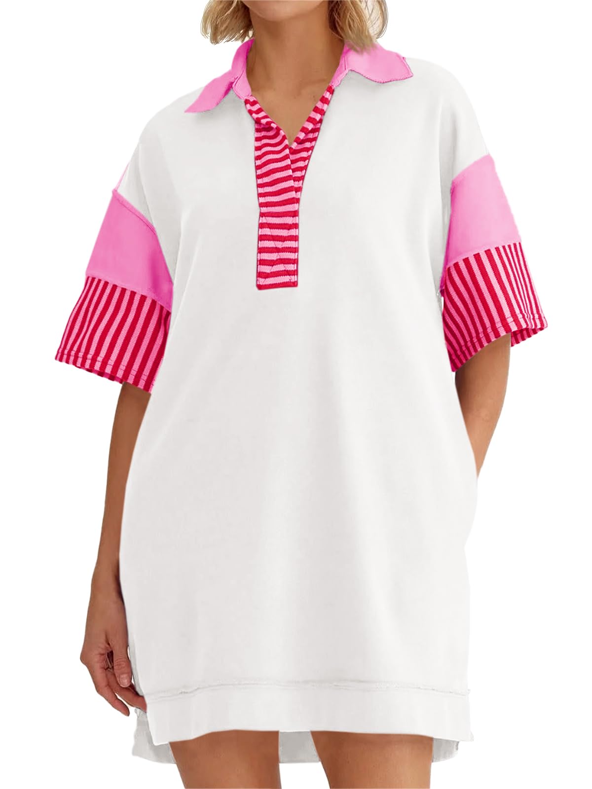 Wenrine Women's Polo V Neck T Shirt Dress Casual Summer Oversized Color Block Short Sleeve Sweatshirt Mini Dresses
