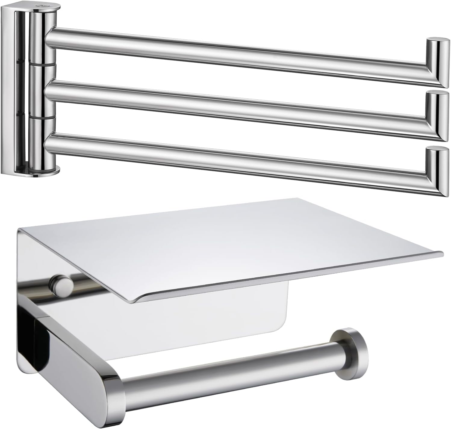 3 Arm Swivel Towel Bar and Toilet Paper Holder with Shelf Bundle, APLusee 304 Stainless Steel Wall Mounted Bathroom Accessories Polished Chrome