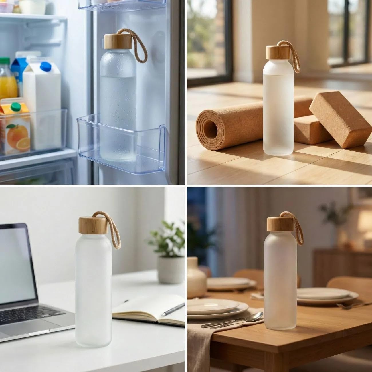 Frosted Glass Water Bottle - Bamboo Cap -2 Frosted Glass Water Bottle - Bamboo Cap -2