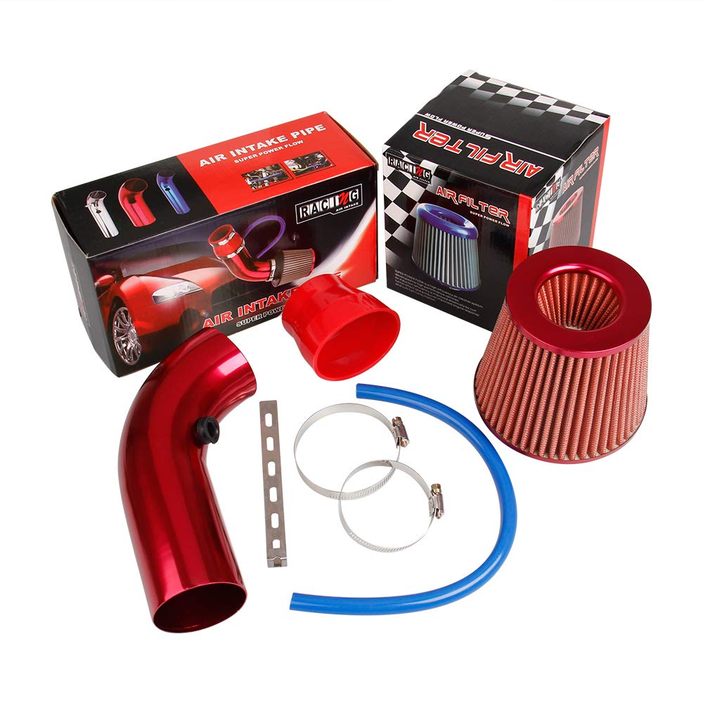 Pindex Cold Air Intake Filter 3in Air Induction Kit Cold Air Filter Kit with Alumimum Pipe for Car Automobile Racing Engine - Red