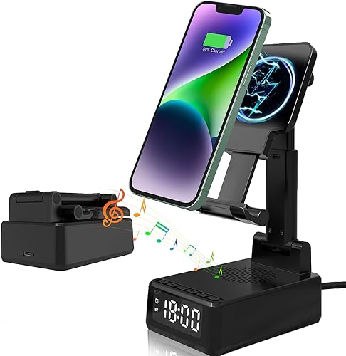 Regalos para hombres y mujeres, soporte para teléfono celular 4 en 1 con altavoz Bluetooth y cargador inalámbrico, reloj despertador para hombres y