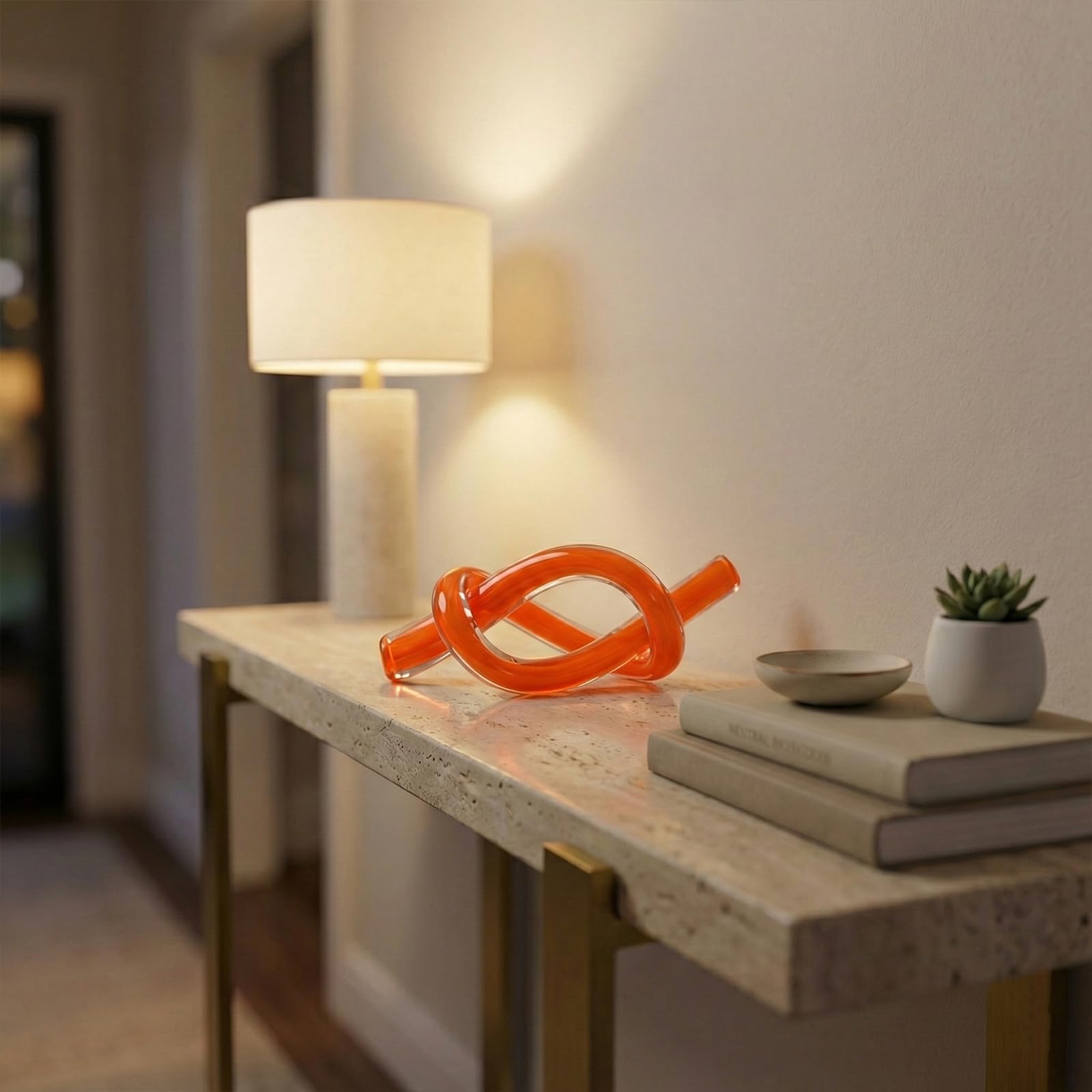 LCCCK Scultura astratta arancione con nodo in vetro soffiato a mano, decorazione per tavolino da caffè, mobile TV, mensola o accento del caminetto, arte moderna con nodo per soggiorno costiero da