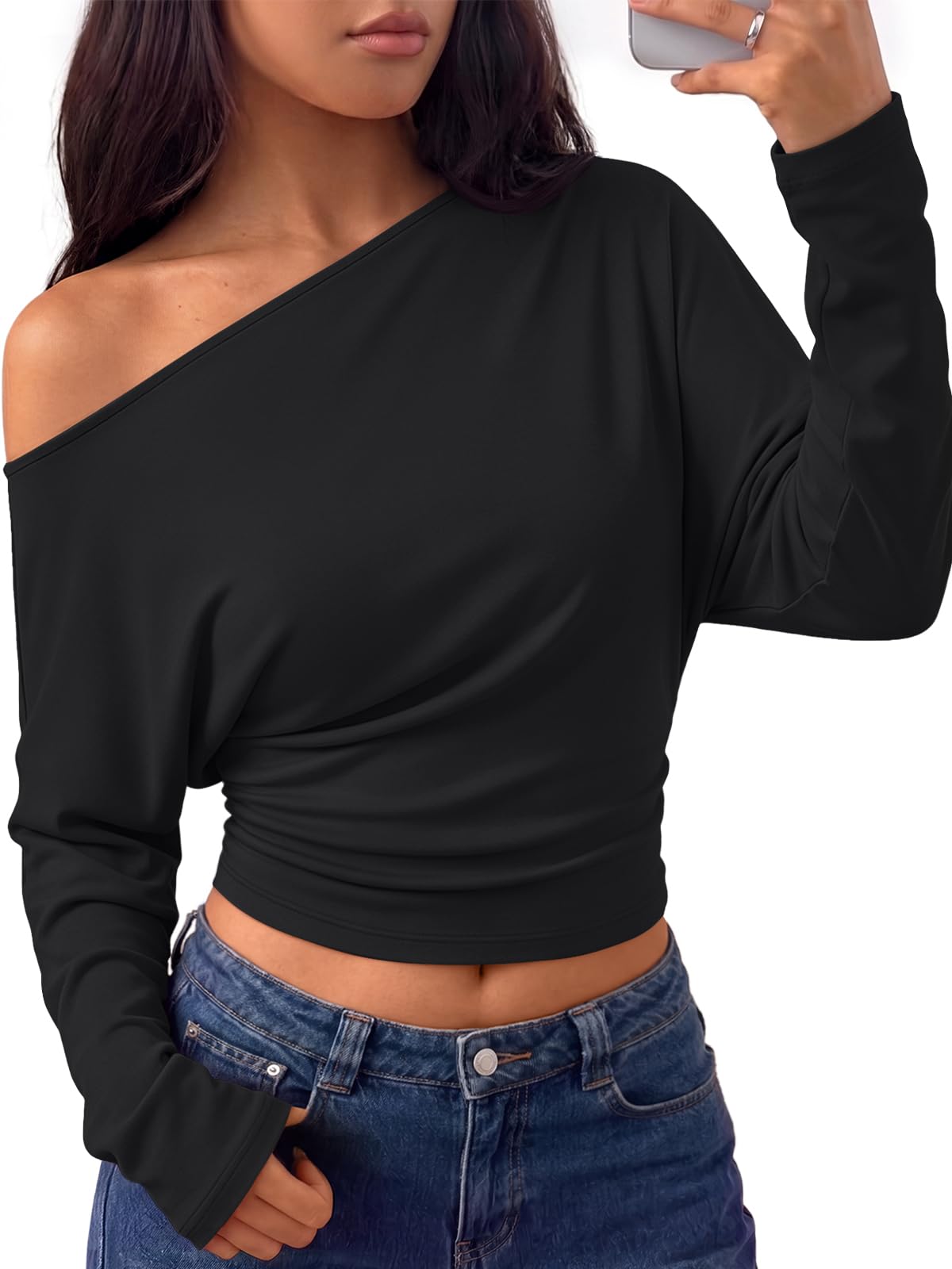 Trendy Queen Off the Shoulder Tops for Women Cinched Waist Shirts 2026 Fall