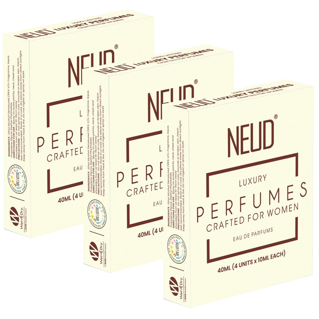 NEUD Luxury Perfume Gift Set for Women - Long Lasting Eau de Parfum (fruity, Rose, Musk, Green Apple) – 3 Packs (4 Vials x 10ml Each)