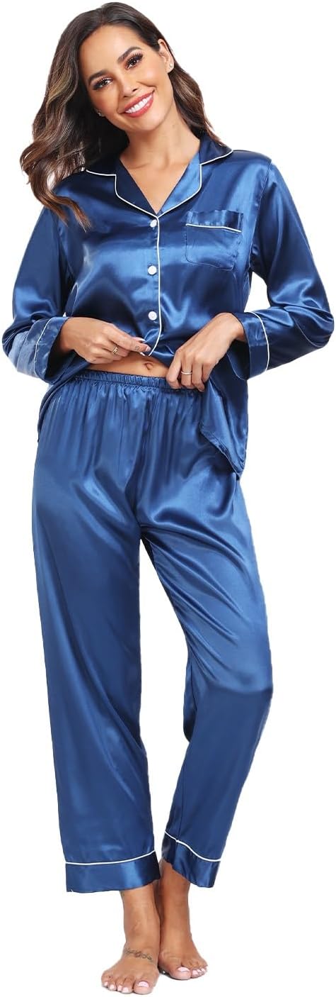 Super Shopping-zone Women's Satin Pajama Set Long Sleeve Pajamas Button Down Pjs Set Silky Sleep Set Sleepwear Loungewear - Image 4