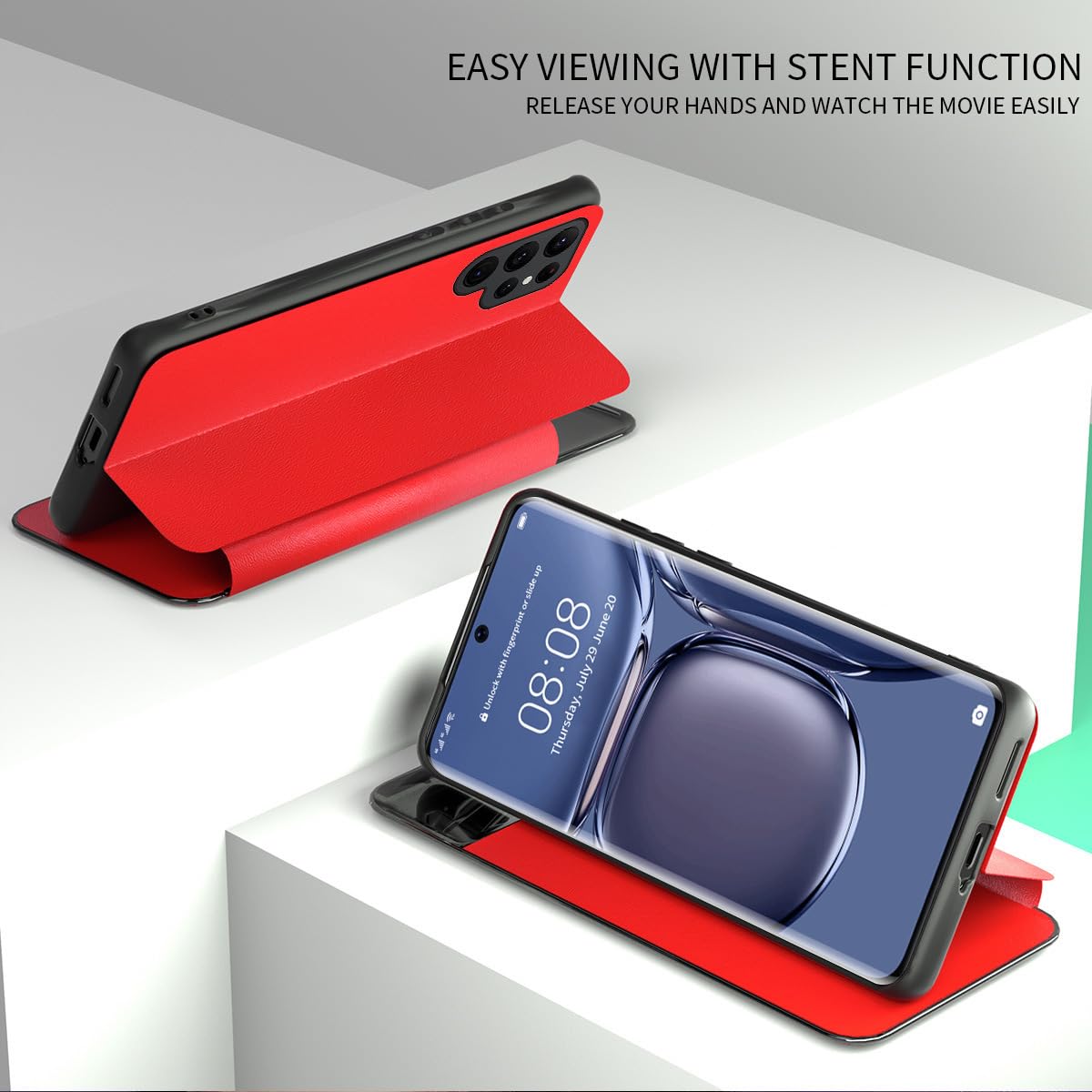 Etui z klapką do Samsunga Galaxy S24 Ultra/S24 Plus/S24, skórzane inteligentne etui z klapką na telefon komórkowy z gniazdem na kartę, etui chroniące aparat, pomarańczowe, S24 Plus