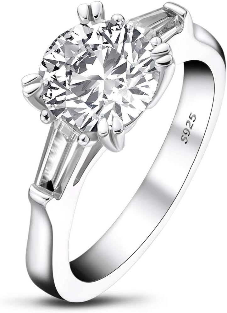 AINUOSHI 2 CT Solitaire Engagement Ring Baguette 3-Stone Cubic Zirconia CZ in Rhodium Gold Plated Sterling Silver for Women | Excellent Cut, D Color, FL Clarity