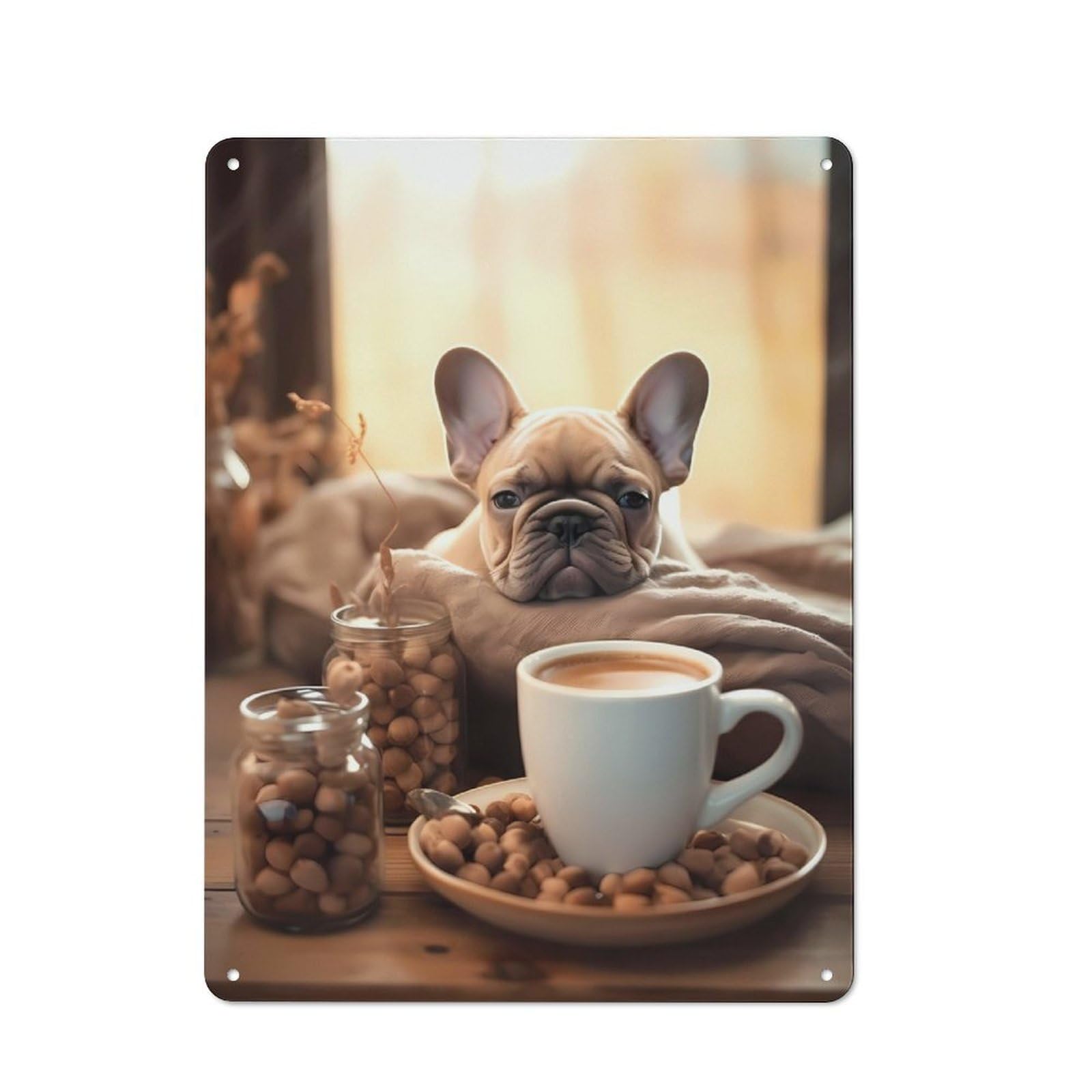 Junmoney French Bulldog Coffee Pup Rustic Metal Wall Sign 40X30cm For Home Office Or Studio, For Garage, Workshop And Man Cave Decoration