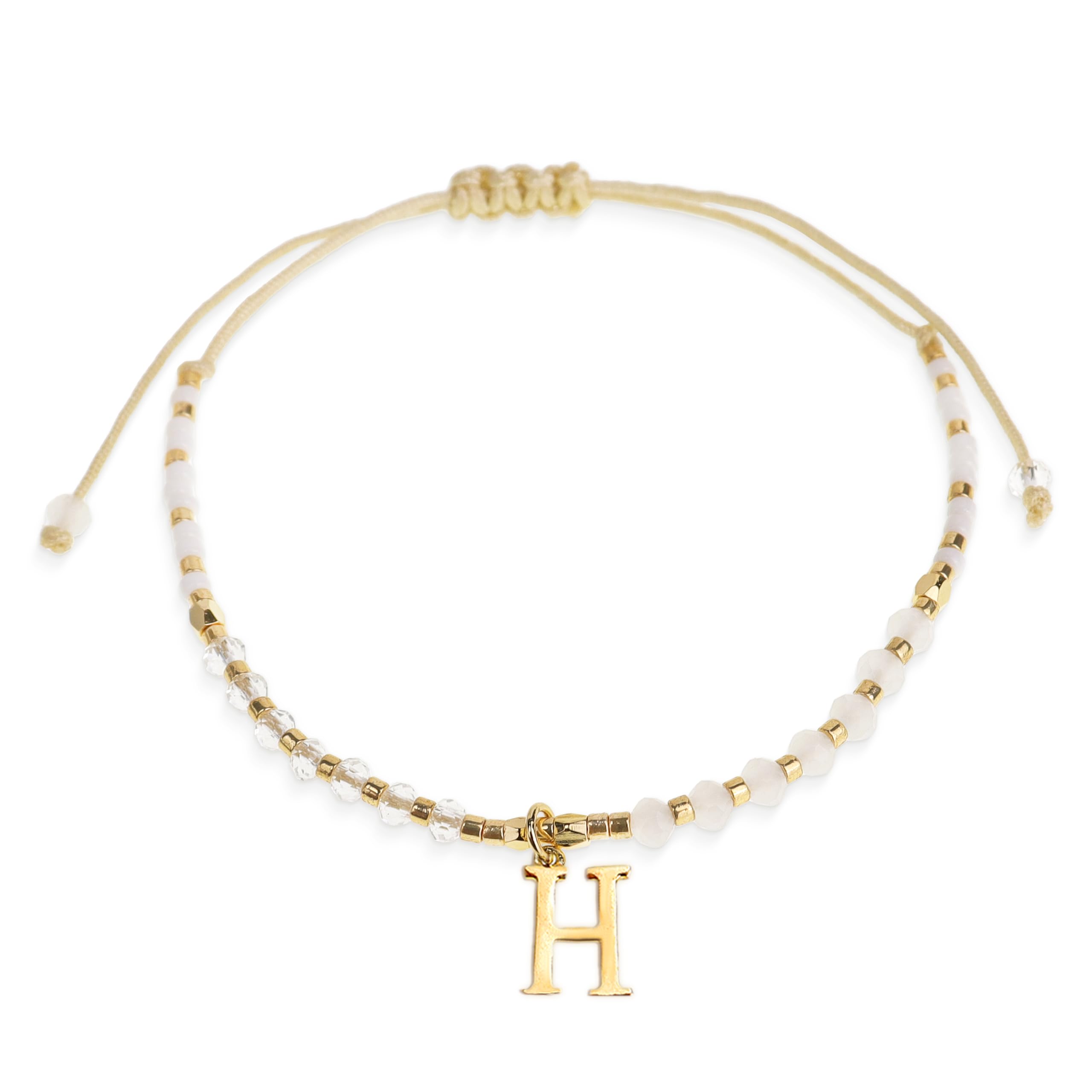 Agriajun White Gold Beaded Natural Stone Initial Bracelets for Women Teen Girls, Boho Handmade Personalized Gemstone Beads Letter Name Braided Rope Adjustable Bracelet Beach Bohemian Jewelry Gift