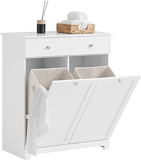SoBuy Laundry Cabinet Tilt-Out Laundry Hamper with 2 Removable Baskets, Double Tilt Out Trash Can Cabinet, Double Drawers and Doors for Bathroom, Laundry Room, Kitchen, White, BZR33-W
