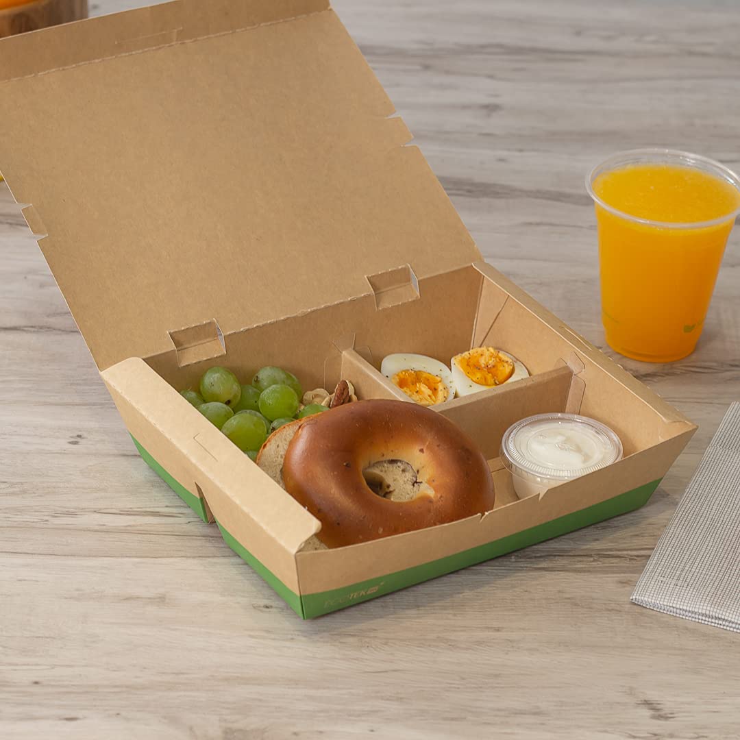 Restaurantware Eco Tek - Cajas para llevar de 50 onzas, 100 cajas Bento compostables, 3 compartimentos, cierre de pestañas, cajas de papel kraft y verde, forro de ácido poliláctico, para restaurantes