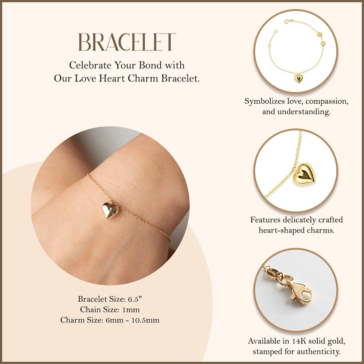 14K Yellow Gold Love Heart Charm Bracelet - 6.5" - Image 3