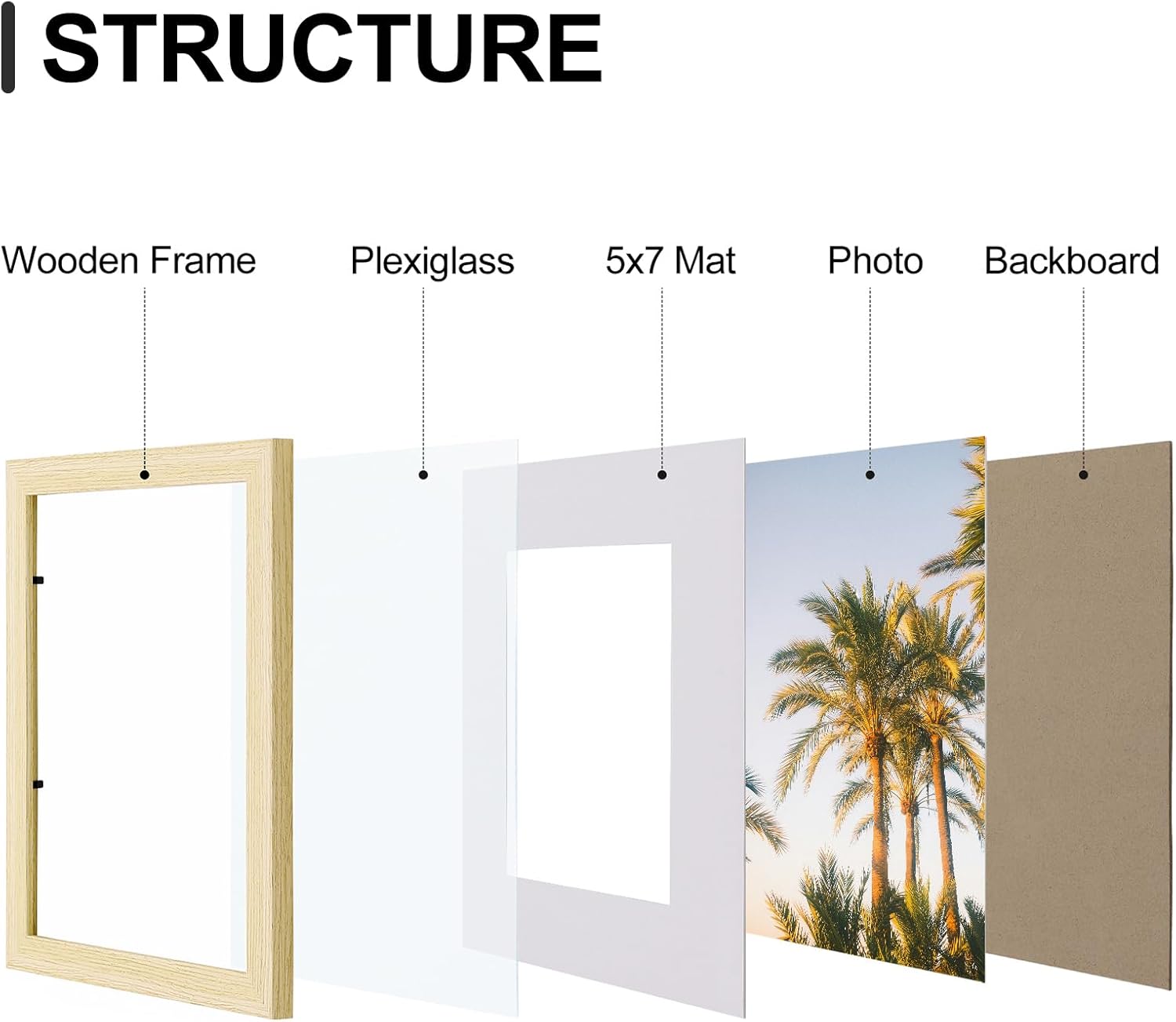 Vittanly 8x10 Picture Frames Set of 9, Shatter Resistant Plexiglass, Display 5x7 Pictures with Mat or 8x10 without Mat, Photo Frames for Wall or Tabletop, Engineered Wood, OAK - Image 2