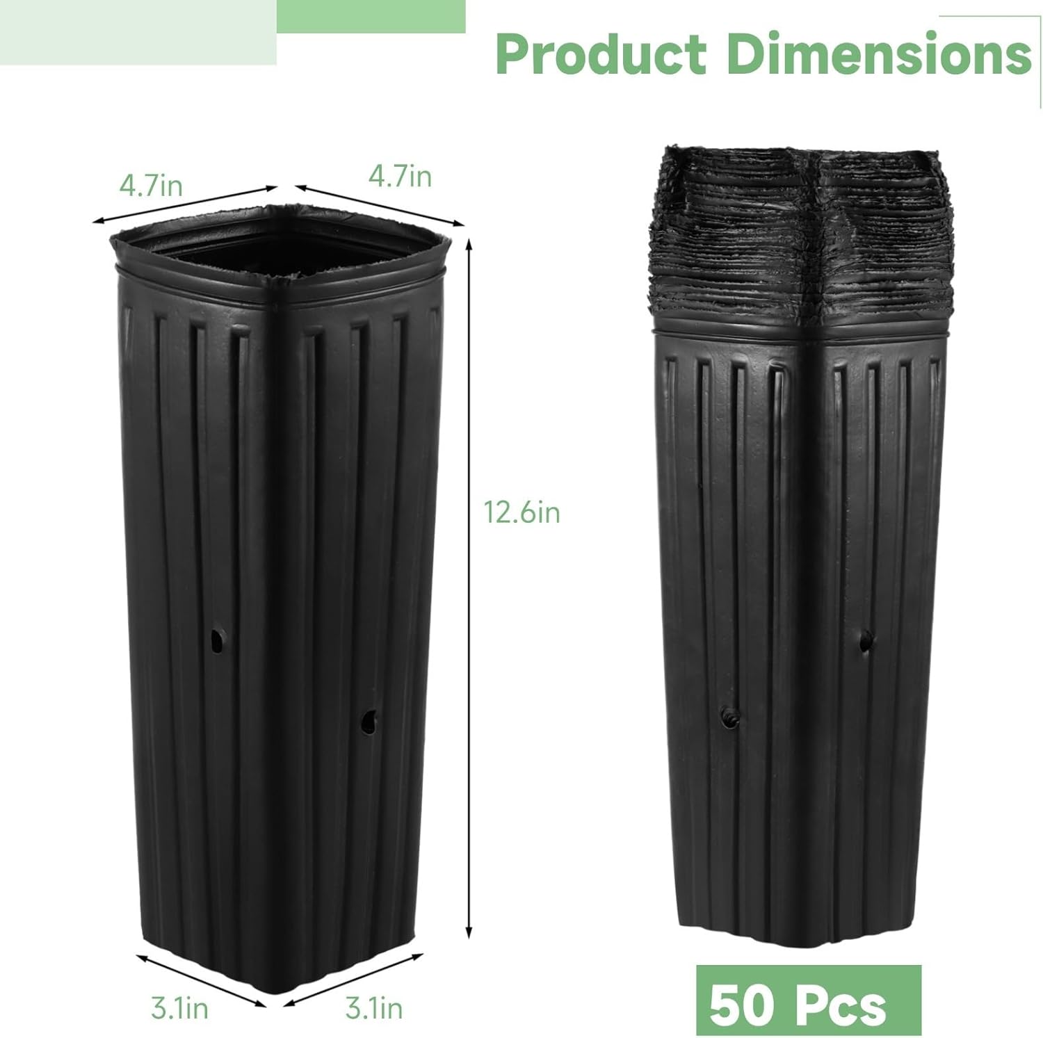 50 Pcs Plant Grow Bags with Drainage, Tall Square Nursery Pots for Succulents, Flowers, and Fruit Seedlings