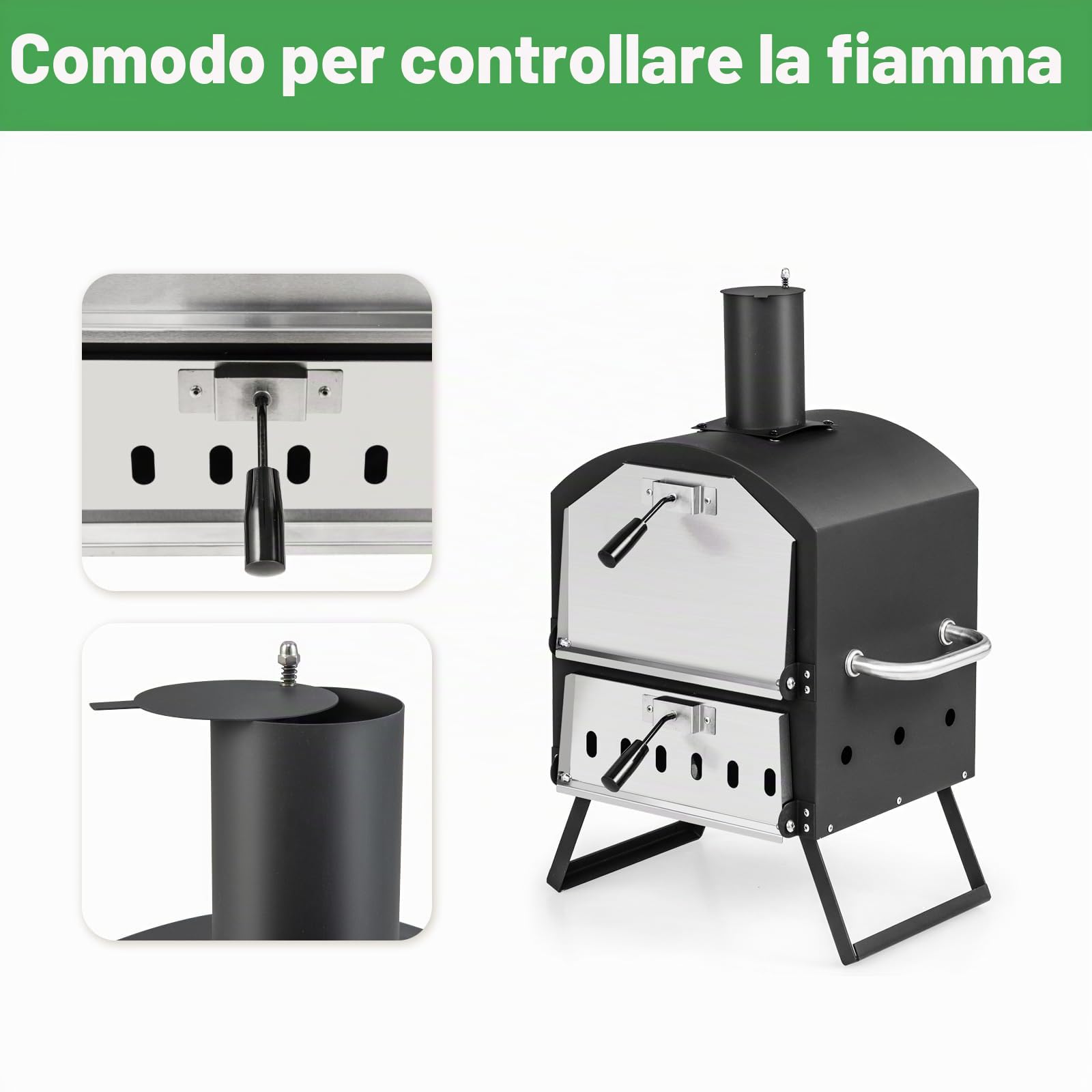 KOMFOTTEU Forno per pizza aperto per esterni 600°C, Acciaio inossidabile portatile 2 sezioni