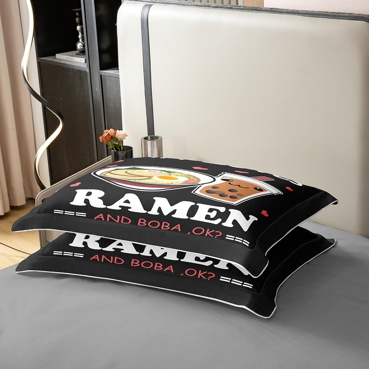jejeloiu Ramen Boba Bettwäsche-Set, 100 % Baumwolle, Anime-Motiv für Kinder, Jungen, Mädchen, Teenager, Nudeln, Bubble Tea, 100 % Baumwolle, Set, Mädchen, liebt, Ramen Boba, Bettbezug-Set,
