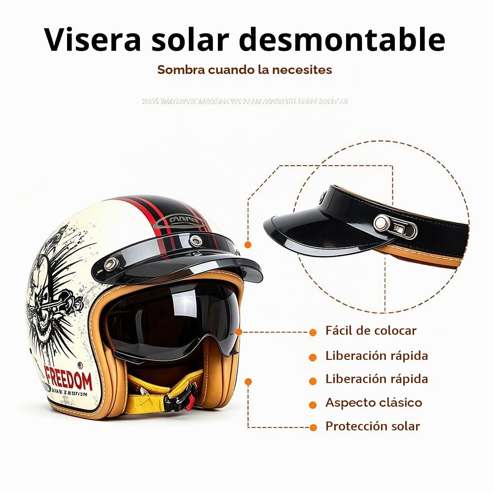 Casco Moto Abierto Scooter Retro Homologado ECE, Casco Moto Jet Vintage, Casco Jet de Motocicleta con Almohadilla Facial Extraíble y Cierre Micrométrico