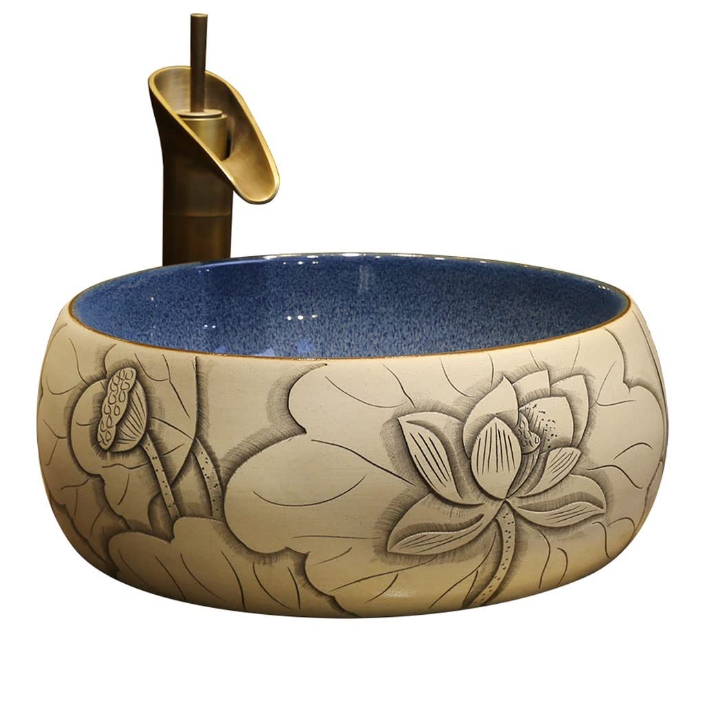HTTGDGDH Bathroom Sink Bathroom Vessel Sink Carved Lotus Art Countertop Basin Round Ceramic Washbasin Bathroom Utensils Sink With Faucet Bathroom Vessel Sinks,