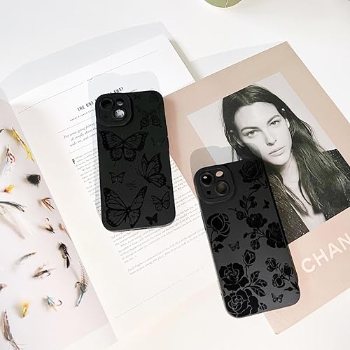 Miniatura 3 de Finyosee Funda compatible con iPhone 12 Mini de 5.4 pulgadas, diseño lindo de flores de mariposa, diseño sólido negro fresco, de silicona suave,