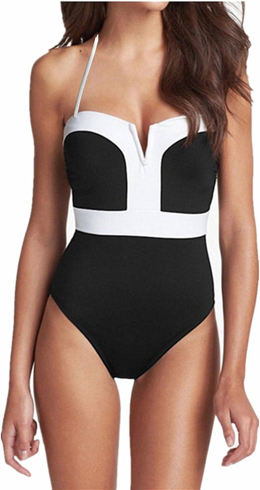 Women's One Piece Black White Strapless Front V Cut Monokini Swimsuits M (FBA)