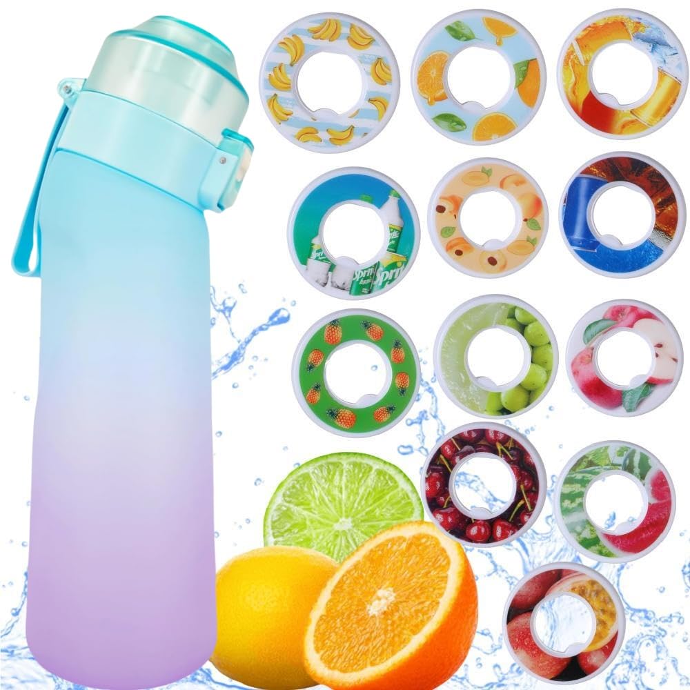 Sports Air Scent Water Bottle with 12 Fruit Flavor Pods, 22oz/650ML BPA Free, Sugar free flavor pods & Water bottles with straw | Flavored wate Bottle (Gradient Blue)