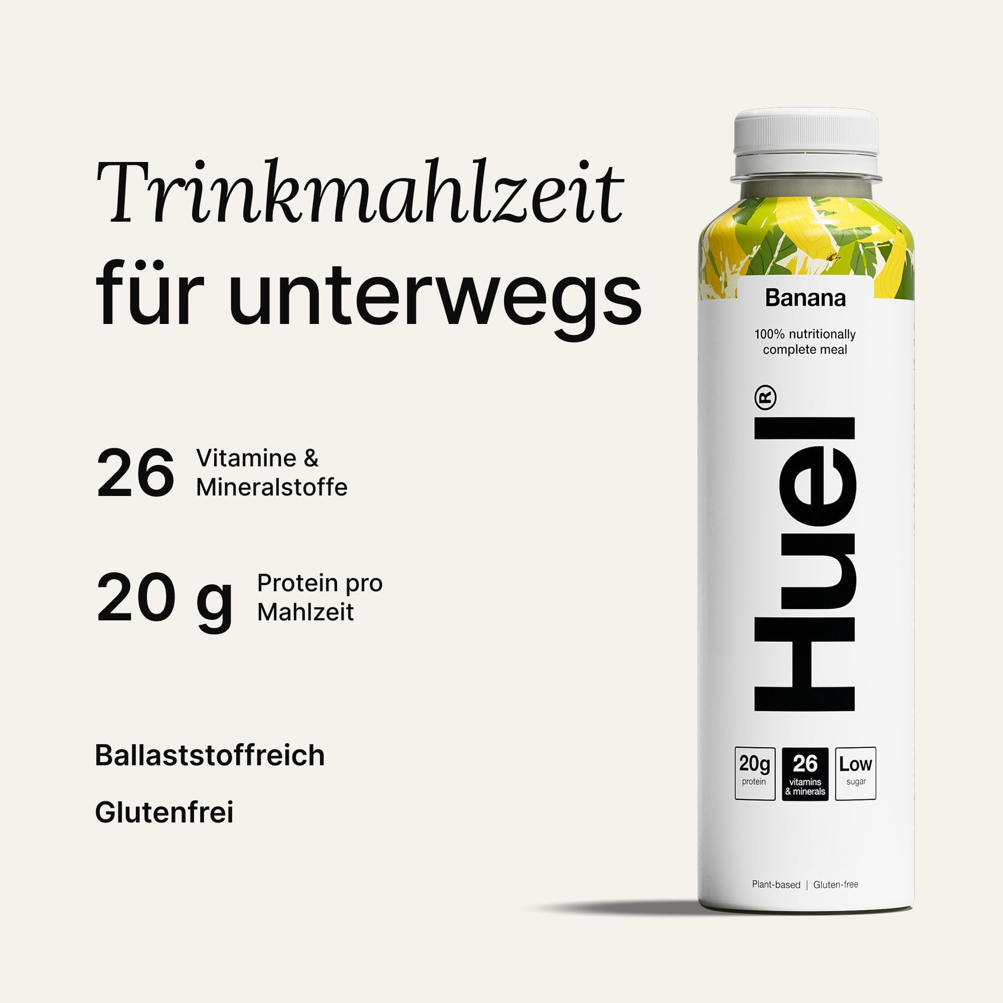Huel Drink Banana, fertige Trinkmahlzeit für unterwegs - 8 x 500 ml - 20 g Protein, Reich an Vitaminen, Mineralstoffen & Ballaststoffen, Plant-based, Geschmack Banane, inkl. 2 € Pfand