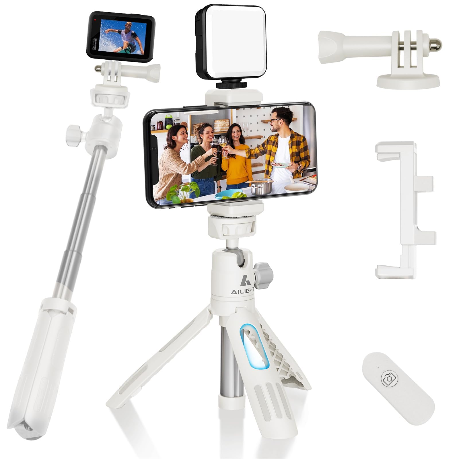 Ailight Mini Tripod Stand with Wireless Remote – Portable Selfie Stick & Phone Tripod for iPhone/Android, Includes Phone Clip & Action Camera Adapter