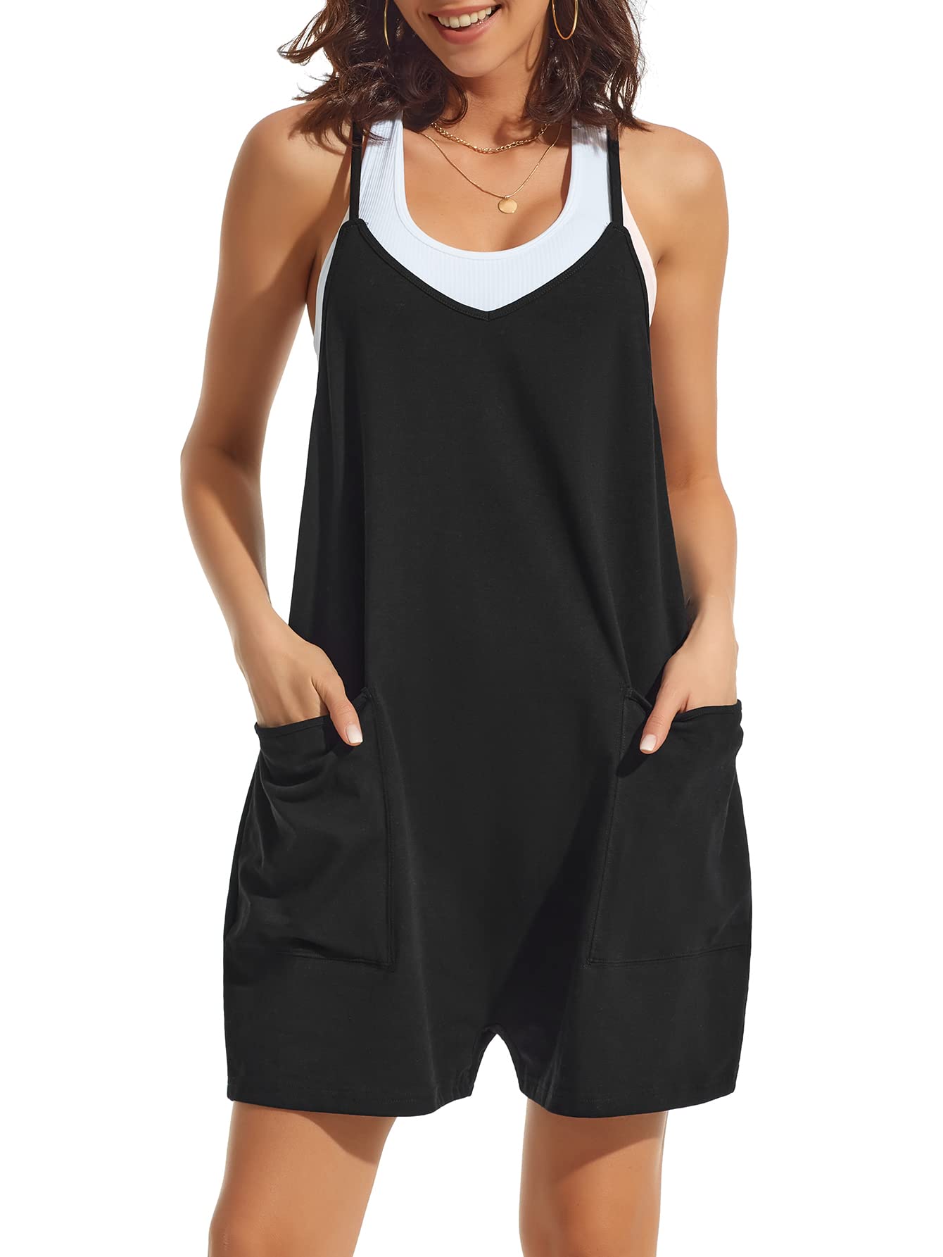 ATHMILEJumpsuits for Women Casual Short Rompers Summer Dressy Sleeveless Overalls with Pockets